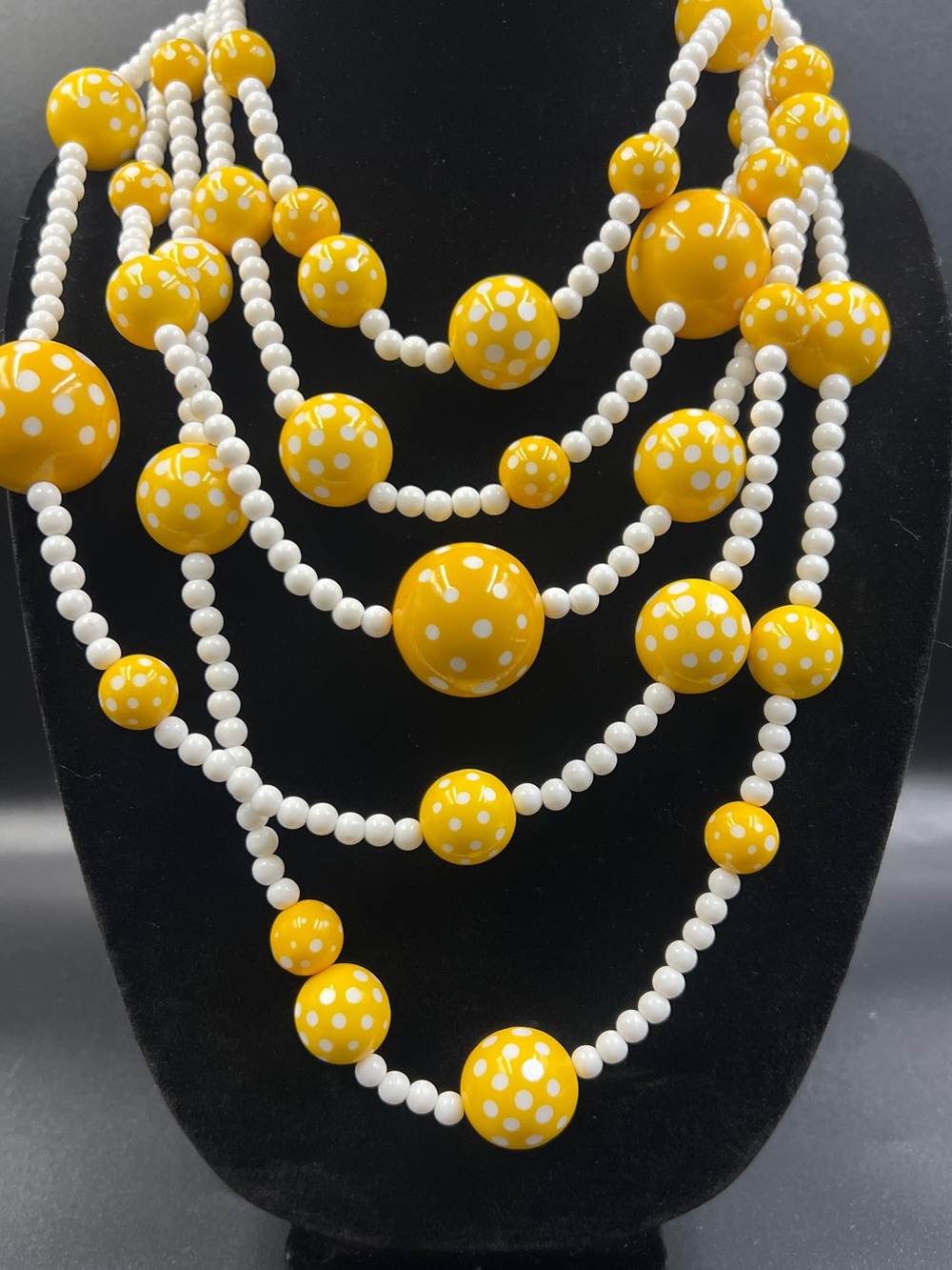 Vintage MCM Yellow Polka Dot Lucite Multi Strand Statement Necklace Mod Jewelry